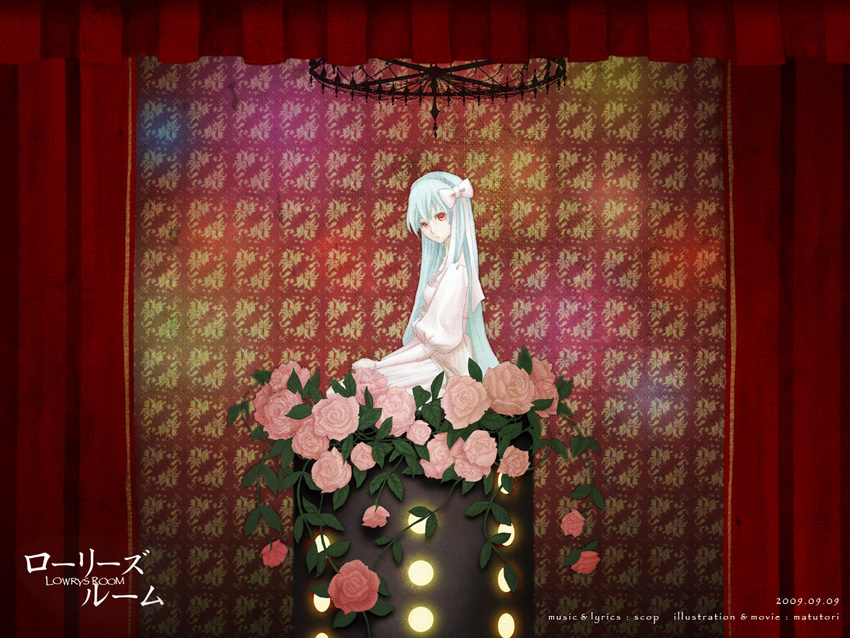 alternate_hairstyle bad_id bad_pixiv_id blue_hair chandelier curtains dress flower hair_ribbon hairband hatsune_miku long_hair lowry's_room_(vocaloid) onohana pink_flower pink_rose red_eyes ribbon rose seiza sitting solo very_long_hair vocaloid