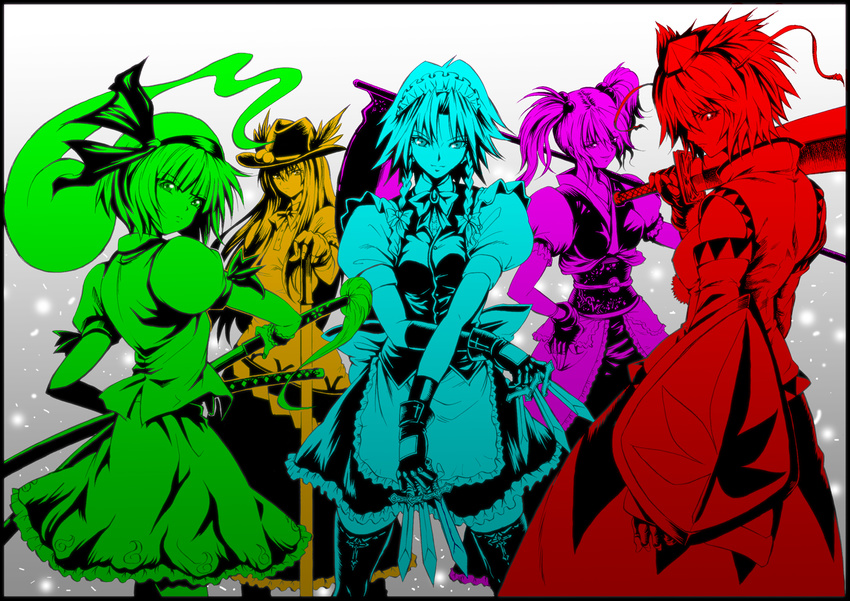 bad_id bad_pixiv_id cowboy_shot dress floating ghost hijikawa_arashi hinanawi_tenshi hitodama inubashiri_momiji izayoi_sakuya konpaku_youmu looking_at_viewer multiple_girls multiple_monochrome onozuka_komachi scythe simple_background standing thighhighs touhou triangular_headpiece two_side_up white_background