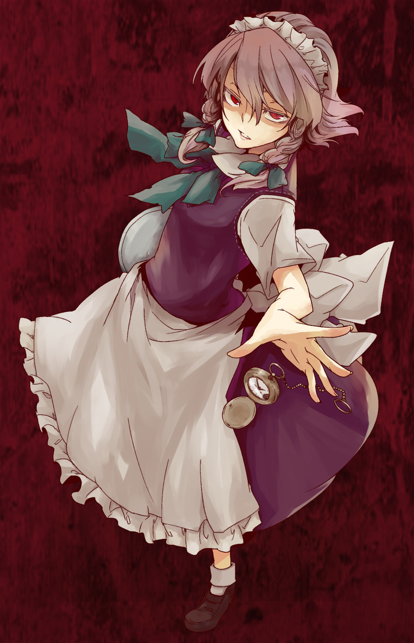 bad_id bad_pixiv_id bow braid colored_eyelashes eyelashes glaring grey_hair hair_bow hands highres izayoi_sakuya ko-&gt;u looking_at_viewer maid outstretched_hand red_eyes short_hair solo touhou twin_braids