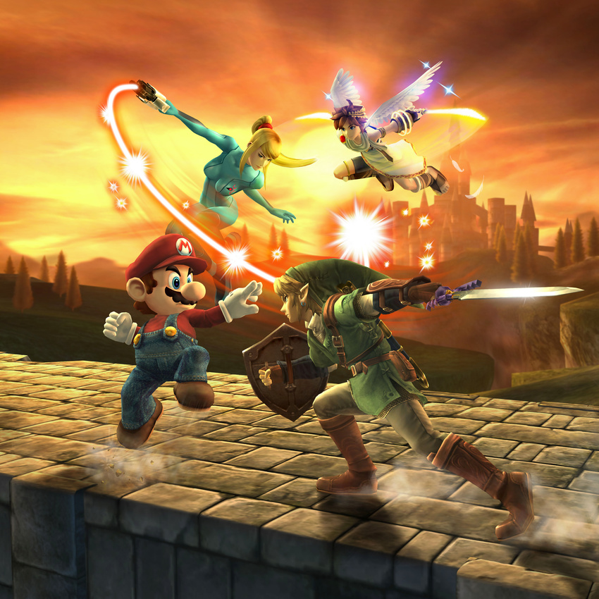 3boys absurdres artist_request battle blonde_hair brown_hair earrings gloves group_battle hat highres holding holding_sword holding_weapon jewelry kid_icarus left-handed link mario mario_(series) master_sword metroid multiple_boys nintendo official_art pit_(kid_icarus) pointy_ears ponytail samus_aran scenery shield super_mario_bros. super_smash_bros. sword the_legend_of_zelda weapon whip wings zero_suit