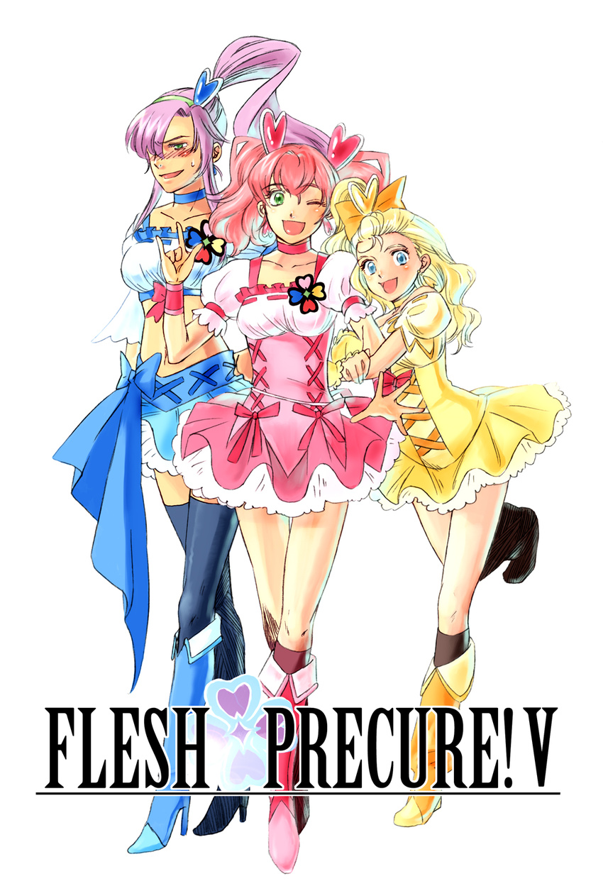 3girls \m/ blonde_hair blue_eyes blush boots cure_berry cure_berry_(cosplay) cure_peach cure_peach_(cosplay) cure_pine cure_pine_(cosplay) dress engrish faris_scherwiz female final_fantasy final_fantasy_v fresh_precure! fresh_pretty_cure! gihachi green_eyes hair_ornament hairband high_heels highres krile_mayer_baldesion lenna_charlotte_tycoon long_hair midriff multiple_girls open_mouth pink_hair ponytail precure pretty_cure purple_hair ranguage shoes siblings sisters thigh-highs thighhighs toutoumi twintails wink
