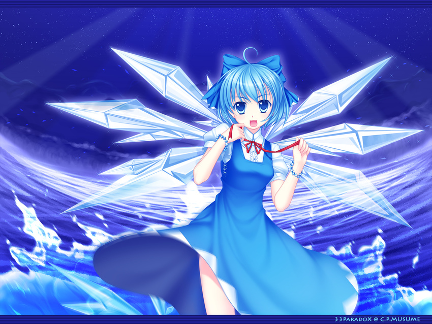 33paradox :3 ahoge bad_id bad_pixiv_id blue_eyes blue_hair bow bracelet cirno dress hair_bow highres jewelry moonbeam moonlight night smile solo star touhou wallpaper wings