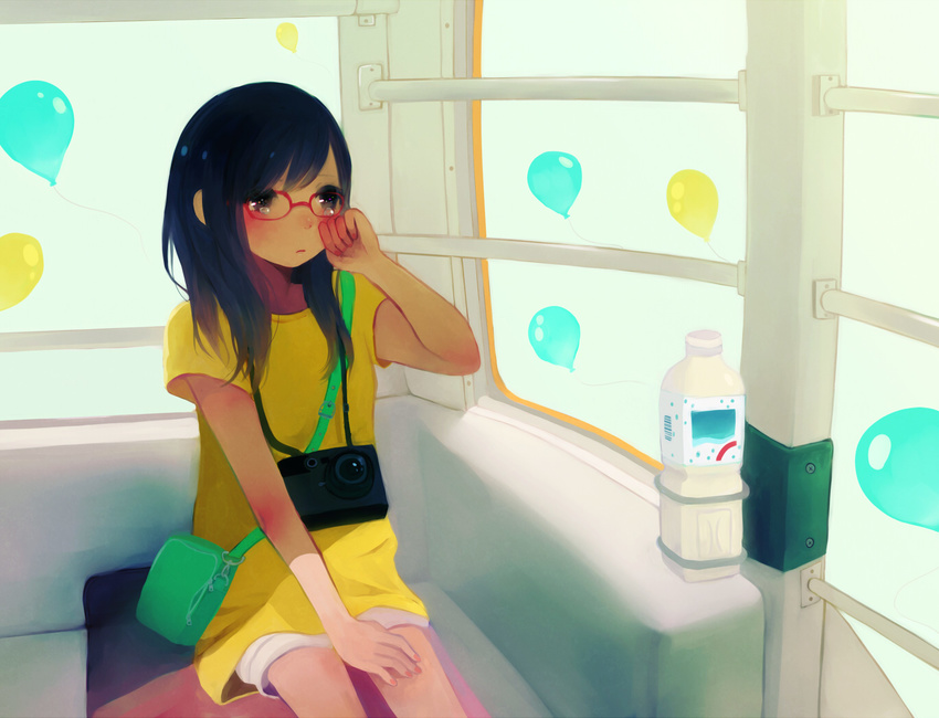 bad_id bad_pixiv_id balloon bottle cabin calpis camera casual glasses hand_on_own_face original shirt shorts sitting solo t-shirt tamayo tears