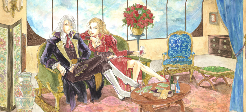 1boy 1girl alcohol blonde_hair blue_eyes boots card cards chair couch couple cup darill daryl female final_fantasy final_fantasy_vi flower green_eyes grey_hair hige_tei higeking legs_crossed long_hair long_image male nail_polish necktie scar setzer_gabbiani sitting table trench_coat trenchcoat vase wide_image window wine wine_glass