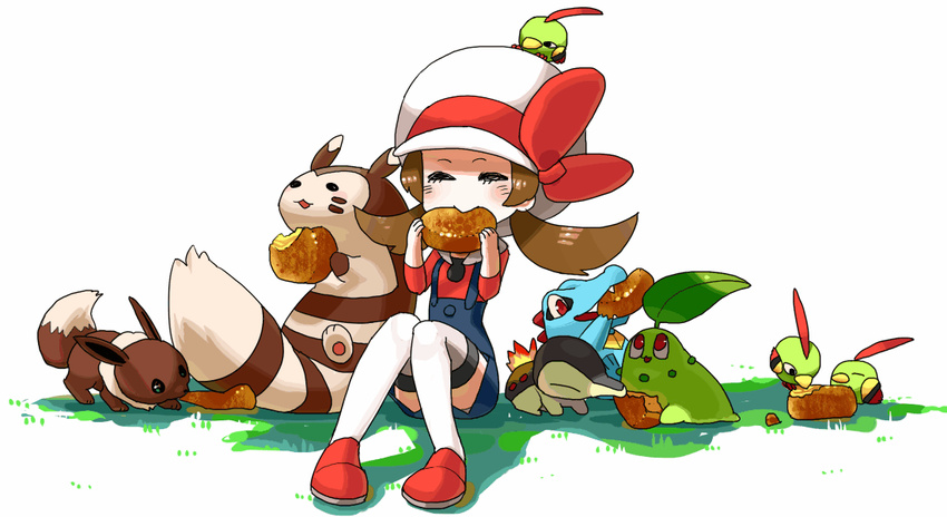 &lt;o&gt;_&lt;o&gt; :&gt; bad_id bad_pixiv_id bird black_eyes bow brown_hair cabbie_hat chibi chikorita closed_eyes cyndaquil eating eevee food furret gen_1_pokemon gen_2_pokemon gum_(gmng) hat hat_ribbon holding kotone_(pokemon) mouth_hold natu overalls pokemon pokemon_(creature) pokemon_(game) pokemon_hgss red_eyes red_ribbon ribbon sitting thighhighs totodile twintails