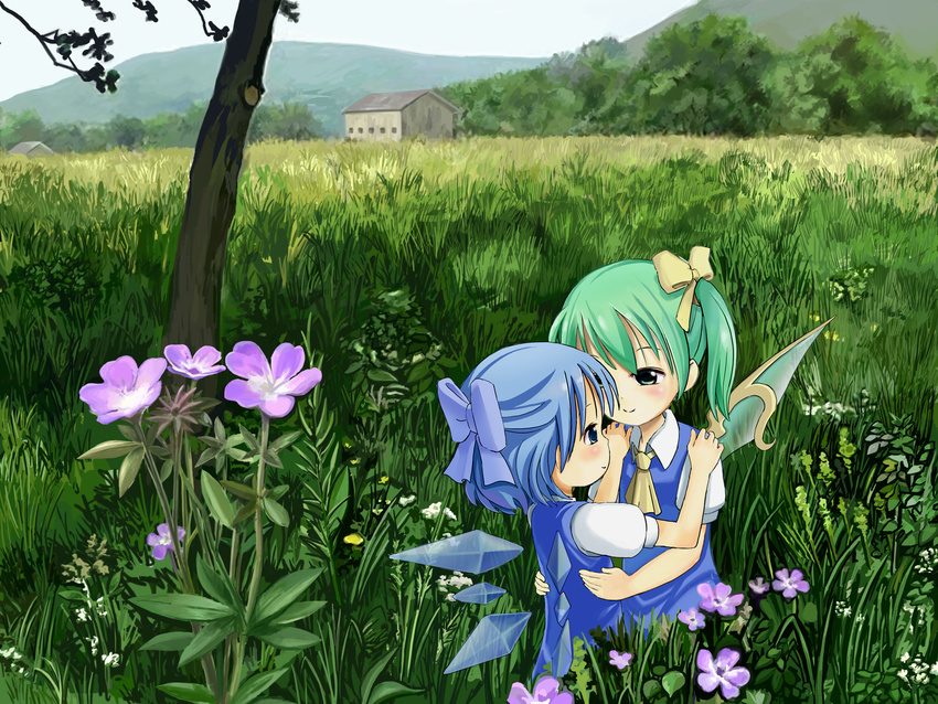 adrian_ferrer blue_eyes blue_hair bow building child cirno daiyousei day eye_contact field flower flower_request grass green_hair hair_bow highres looking_at_another meadow mountain multiple_girls nature outdoors ponytail scenery short_hair side_ponytail sky touhou tree wings yuri