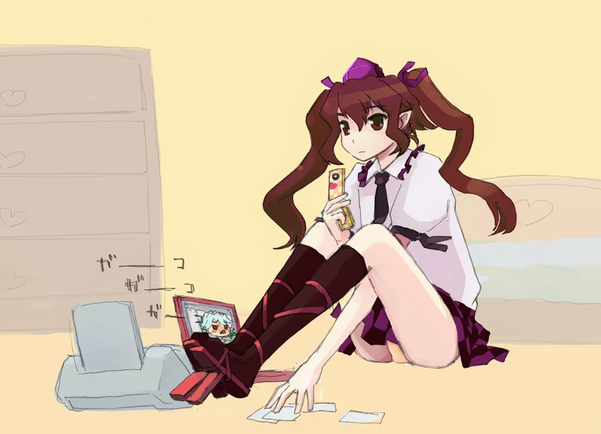 brown_eyes brown_hair cellphone checkered checkered_skirt computer expressionless geta hat himekaidou_hatate izayoi_sakuya laptop necktie panties phone pinzu pointy_ears printer short_hair sitting skirt solo tengu-geta tokin_hat touhou twintails underwear