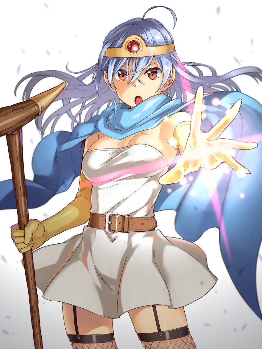 1girl abo_(hechouchou) absurdres ahoge aqua_hair belt breasts buckle cape circlet cleavage commentary commentary_request dragon_quest dragon_quest_iii dress elbow_gloves garter_belt garter_straps gloves highres long_hair magic medium_breasts open_mouth reaching_out red_eyes sage_(dq3) scarf short_dress sleeveless sleeveless_dress solo staff thighs yellow_gloves