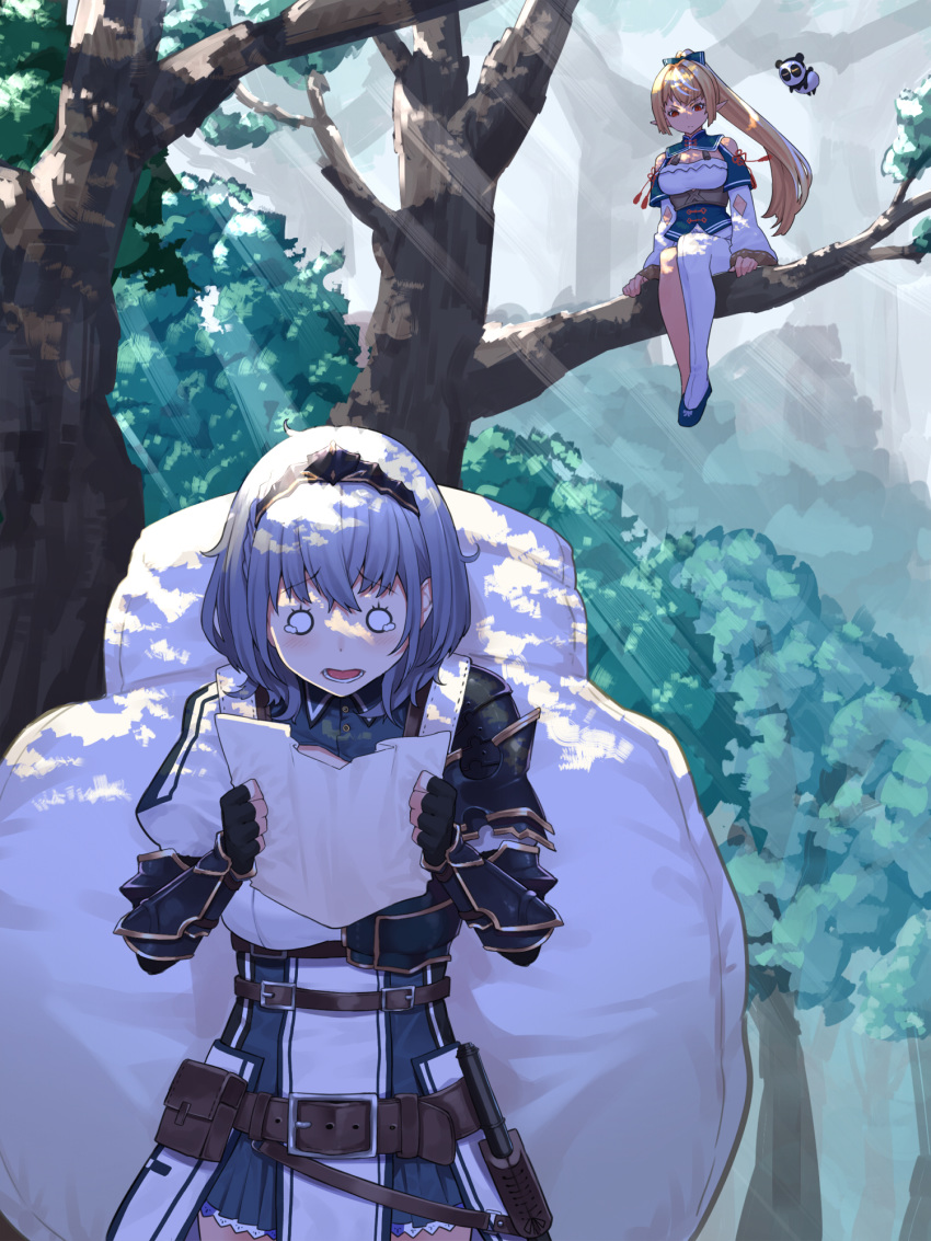 2girls armor backpack bag bangs belt black_gloves blonde_hair blue_collar blush breasts collar commentary_request dark_skin detached_sleeves elf fingerless_gloves floating gloves gold_trim hair_between_eyes headdress high_ponytail highres holding holding_map hololive hololive_fantasy holstered_weapon in_tree kintsuba_(shiranui_flare) long_hair mace map mikan_(chipstar182) multiple_girls o_o open_mouth outdoors oversized_object pointy_ears ponytail pouch red_eyes shiranui_flare shirogane_noel short_hair shoulder_armor shoulder_cutout silver_hair single_thighhigh sitting sitting_in_tree sunlight tears thighhighs tree virtual_youtuber watching weapon wrist_guards