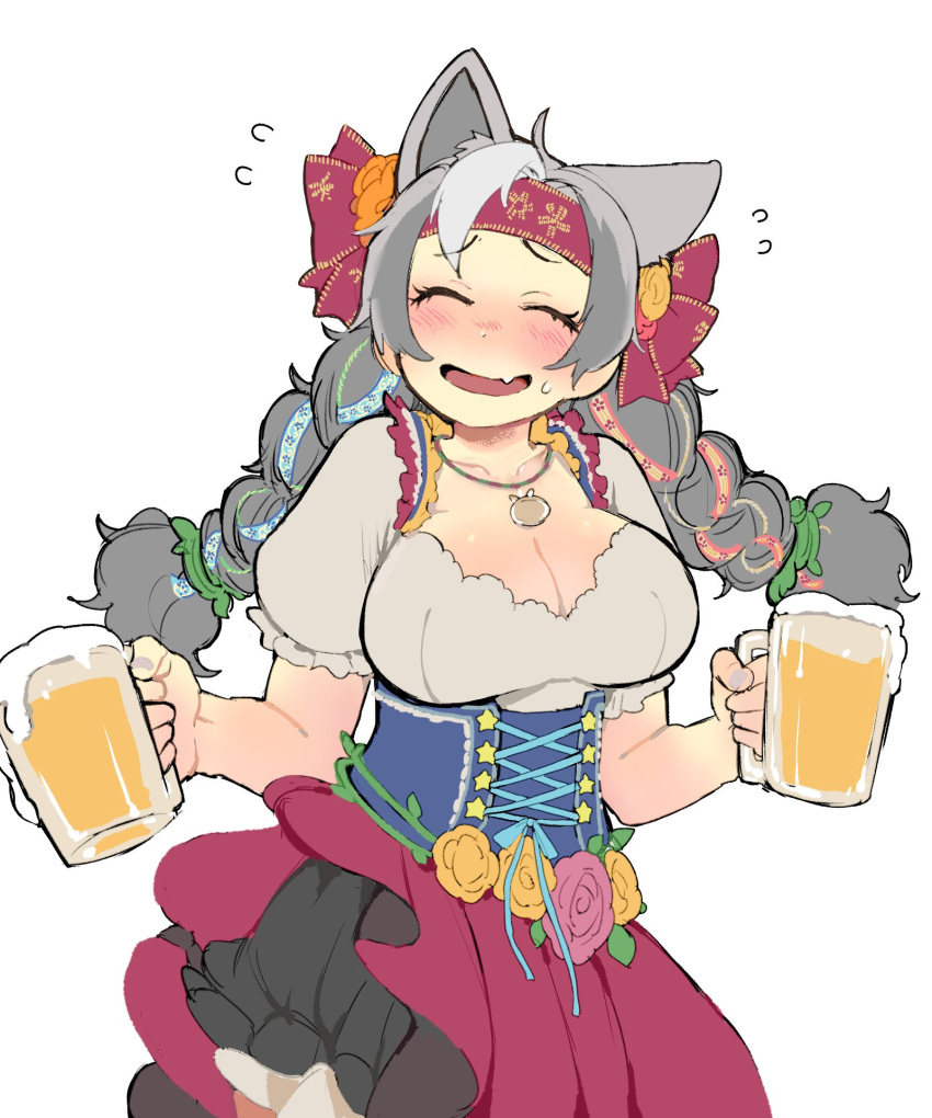 1girl ^_^ alcohol animal_ears bare_arms bear_ears bear_girl beer beer_mug blush braid breasts cleavage closed_eyes commentary_request corset cup dirndl drink embarrassed extra_ears eyebrows_visible_through_hair ezo_brown_bear_(kemono_friends) facing_viewer fang fingernails flower flying_sweatdrops furrowed_eyebrows german_clothes grey_hair grey_nails hair_ribbon headband highres holding holding_cup igarashi_(nogiheta) jewelry kemono_friends kemono_friends_3 large_breasts long_hair mug multicolored_hair nail_polish open_mouth pendant ribbon short_sleeves smile solo twin_braids upper_body