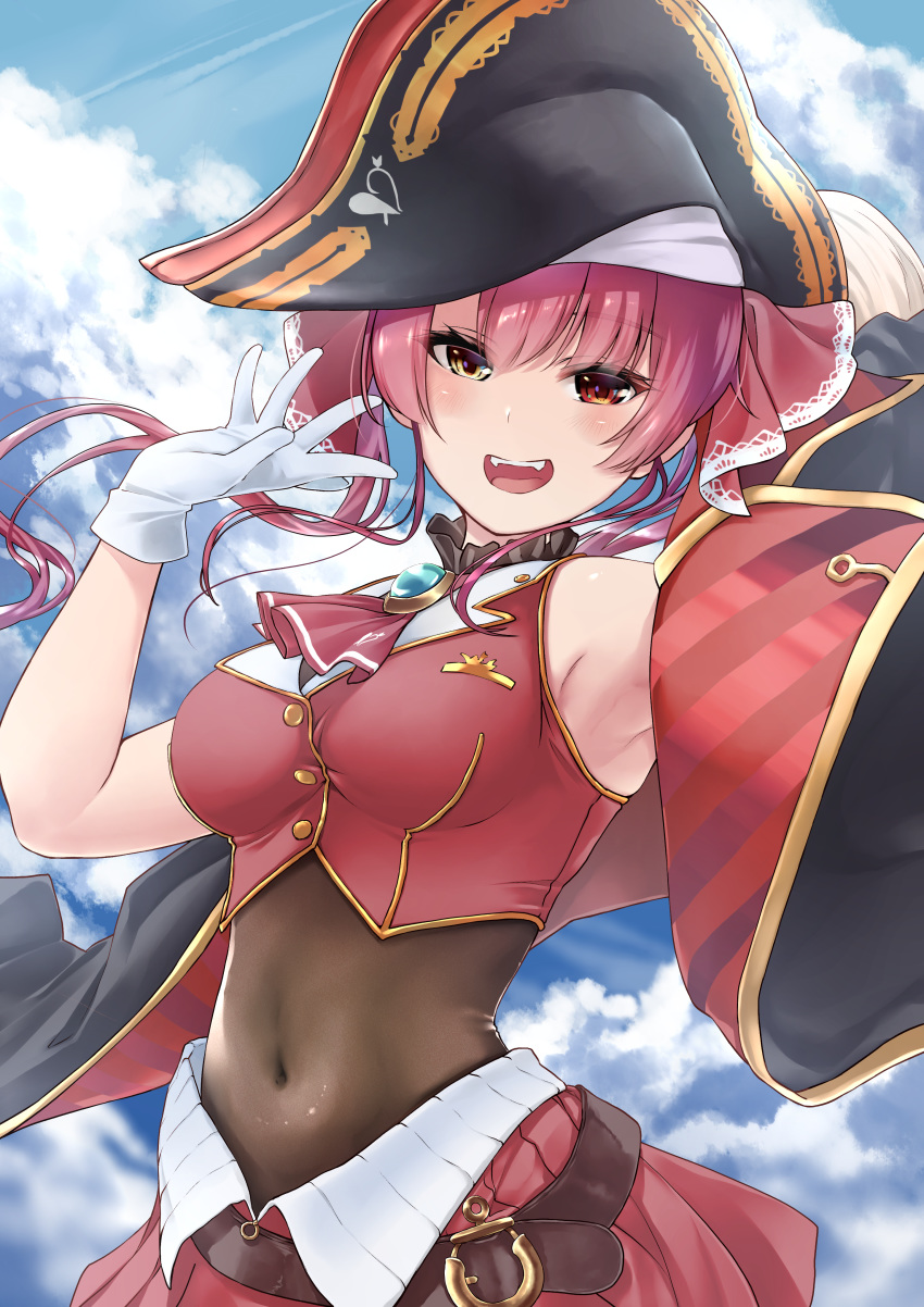 1girl absurdres armpits ascot bangs bicorne blue_sky bodysuit_under_clothes breasts brooch buttons cloud covered_navel gloves hair_ribbon hat heterochromia highres hololive houshou_marine jacket jewelry large_breasts looking_at_viewer medium_hair off_shoulder open_mouth pleated_skirt red_hair red_neckwear red_ribbon red_skirt ribbon sazanka sharp_teeth shirt skirt sky sleeveless sleeveless_shirt smile solo standing teeth twintails virtual_youtuber white_gloves