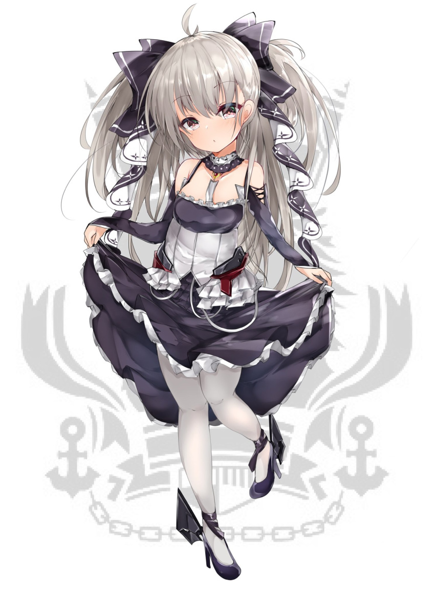 1girl ahoge azur_lane bangs bare_shoulders between_breasts black_dress blush breasts curtsey dress eyebrows_visible_through_hair formidable_(azur_lane) frilled_dress frills full_body grey_hair hair_ribbon high_heels highres long_hair looking_at_viewer mutou_(94753939) pantyhose red_eyes ribbon rigging rudder_footwear small_breasts solo twintails two-tone_dress two-tone_ribbon very_long_hair white_legwear younger