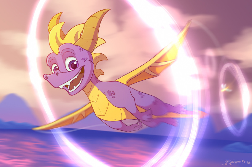 2020 activision claws day detailed_background digital_media_(artwork) dragon feral hi_res horn icelectricspyro male membrane_(anatomy) membranous_wings open_mouth outside purple_eyes scales scalie sky smile solo spines spyro spyro_the_dragon teeth tongue video_games western_dragon wings