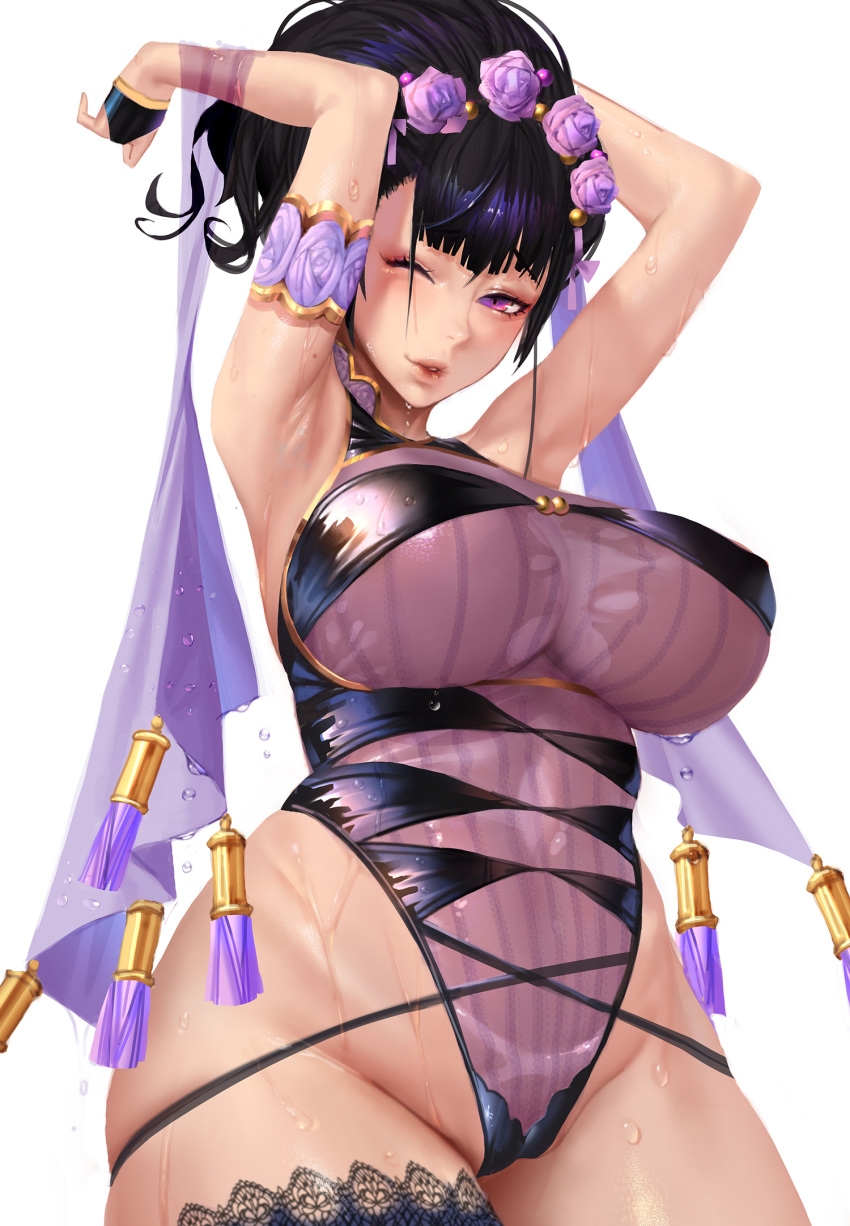 1girl armlet armpits arms_up bangs bare_shoulders black_gloves black_hair black_swimsuit breasts covered_navel fate/grand_order fate_(series) fingerless_gloves flower gloves gtunver hair_flower hair_ornament hair_up half_gloves highleg highleg_swimsuit highres large_breasts long_hair looking_at_viewer mole_on_armpits murasaki_shikibu_(fate) murasaki_shikibu_(swimsuit_rider)_(fate) one-piece_swimsuit one_eye_closed purple_eyes purple_hair shawl single_thighhigh smile swimsuit thighhighs thighs tied_hair