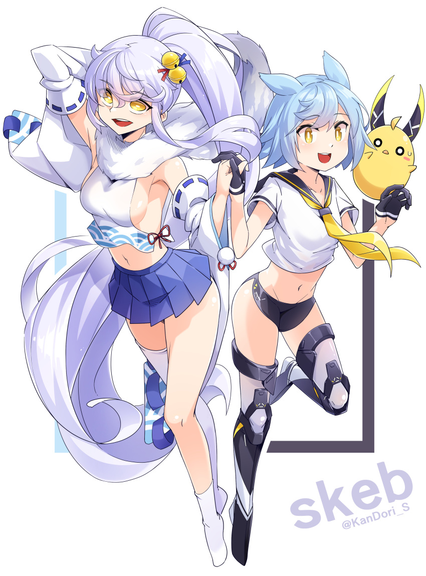 2girls absurdres animal_ears armpits asymmetrical_legwear azur_lane bangs bell black_gloves blue_hair blue_skirt boots breasts bright_pupils commentary_request cosplay costume_switch crop_top detached_sleeves fubuki_(azur_lane) full_body gloves hair_bell hair_ornament half_gloves highres holding_hands interlocked_fingers kandori long_hair long_ponytail looking_at_viewer manjuu_(azur_lane) medium_breasts micro_shorts miniskirt multiple_girls navel neck_ribbon open_mouth pleated_skirt ponytail ribbon sailor_collar short_hair short_sleeves shorts sideboob sidelocks silver_hair single_thighhigh siren_purifier_(azur_lane) skirt smile standing stomach thigh_boots thighhighs very_long_hair white_legwear white_pupils yellow_eyes yellow_neckwear