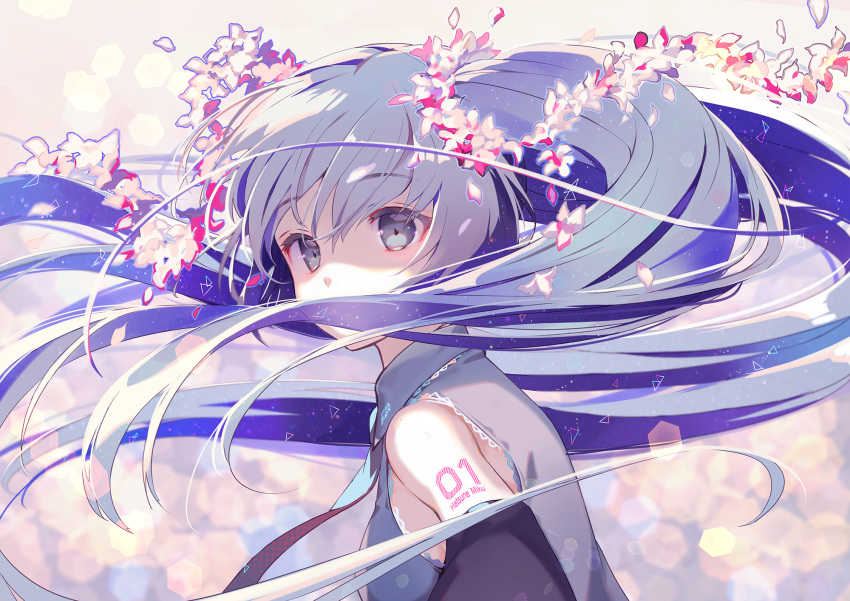 1girl aqua_eyes aqua_hair aqua_neckwear arm_tattoo bangs bare_shoulders blurry bokeh breasts character_name collared_shirt covered_mouth depth_of_field detached_sleeves floating_hair flower from_side gin_(oyoyo) grey_eyes grey_hair grey_shirt hair_flower hair_ornament hatsune_miku highres long_hair looking_at_viewer looking_back medium_breasts necktie number petals purple_hair shirt solo tattoo twintails very_long_hair vocaloid