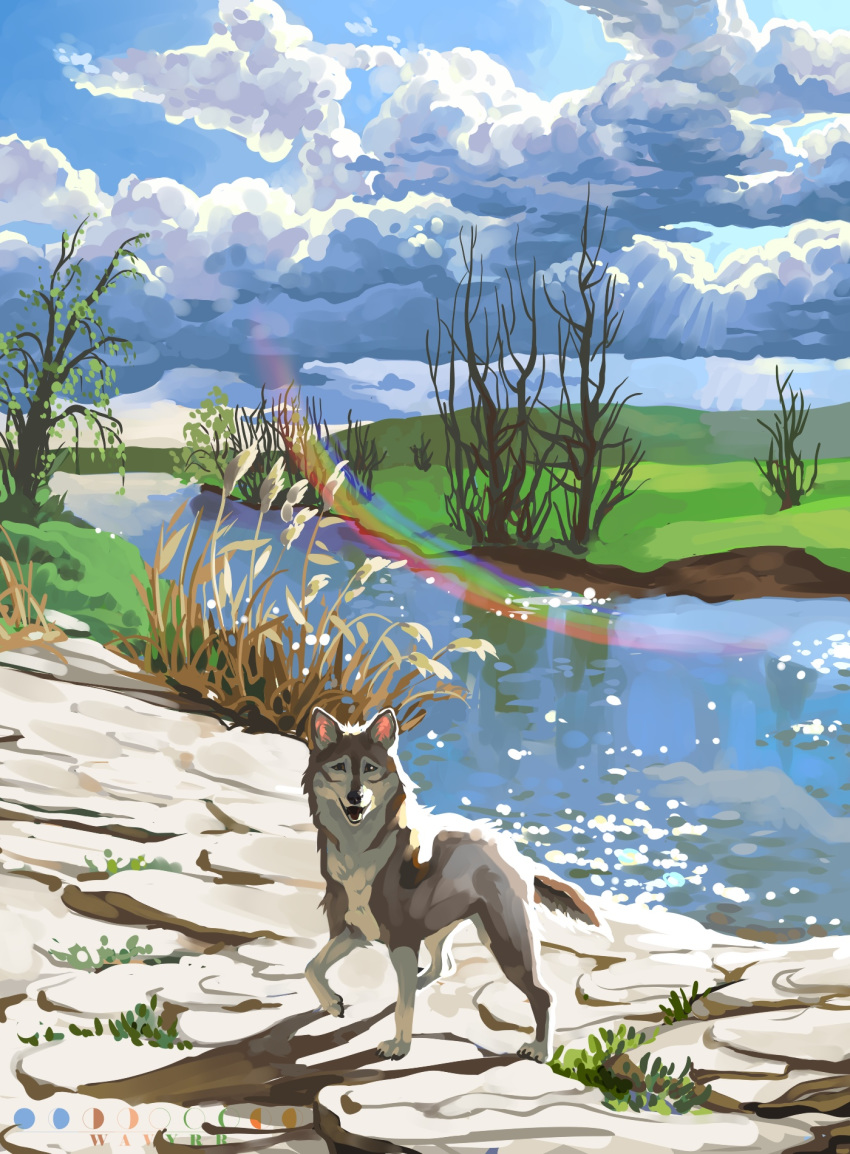 2020 4_toes ambiguous_gender canid canine canis day detailed_background digital_media_(artwork) domestic_dog feral fur grey_body grey_fur hi_res husky mammal nordic_sled_dog open_mouth outside paws sky smile solo spitz stanidng teeth toes tongue wavyrr white_body white_fur