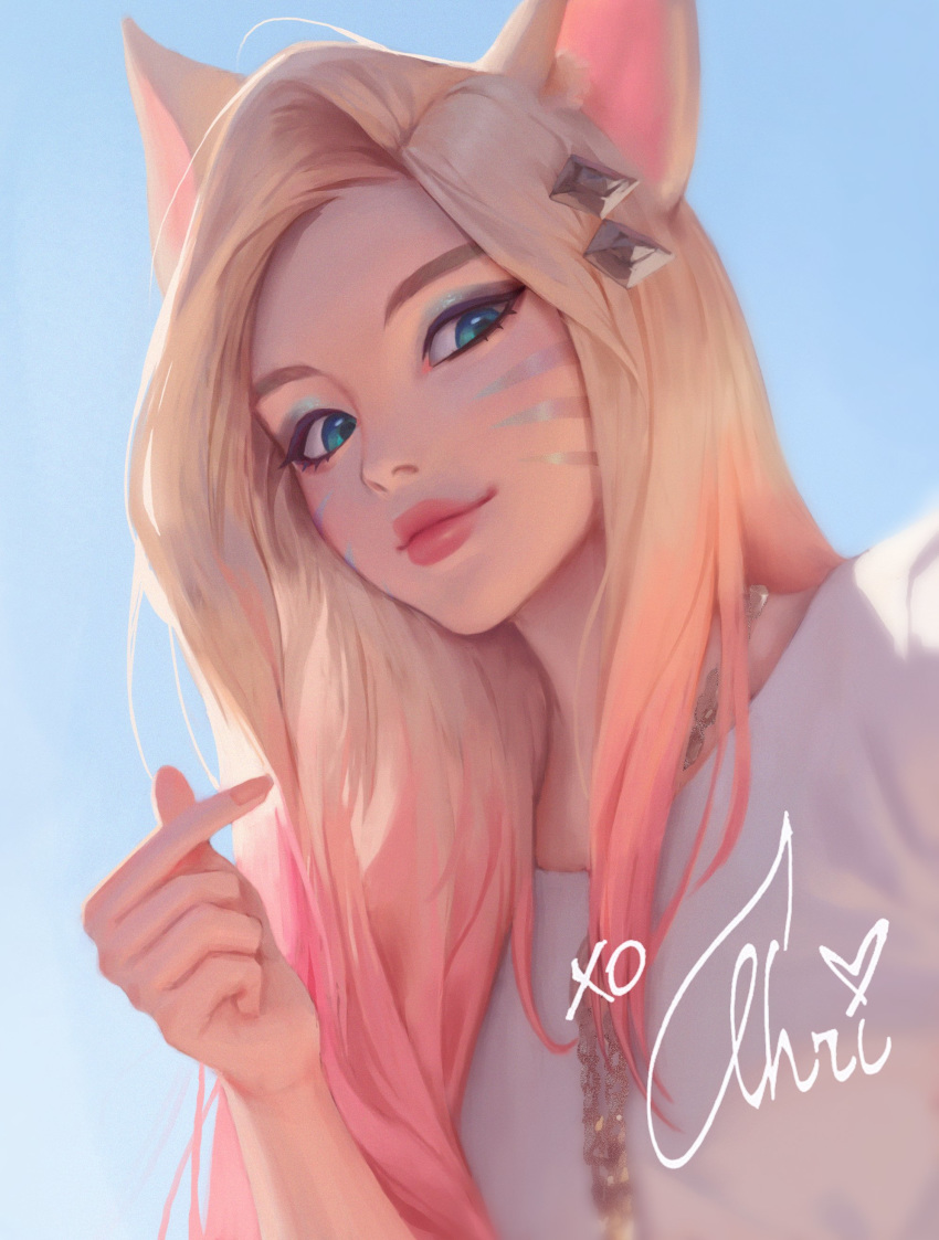 1girl absurdres ahri animal_ears blonde_hair blue_eyes character_name charles_(106858) english_commentary finger_heart fox_ears fox_girl gradient_hair highres league_of_legends light_smile looking_down multicolored_hair pink_hair pink_lips realistic self_shot sky solo the_baddest_ahri thick_lips xo