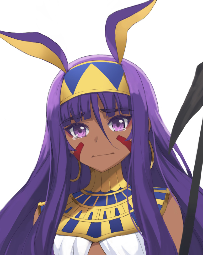 1girl animal_ears bangs bare_shoulders blush breasts closed_mouth dark_skin earrings egyptian facepaint facial_mark fate/grand_order fate_(series) hair_between_eyes halter_top halterneck highres hoop_earrings jackal_ears jewelry long_hair looking_at_viewer nitocris_(fate/grand_order) purple_eyes purple_hair sidelocks simple_background staff tearing_up tonee usekh_collar very_long_hair white_background