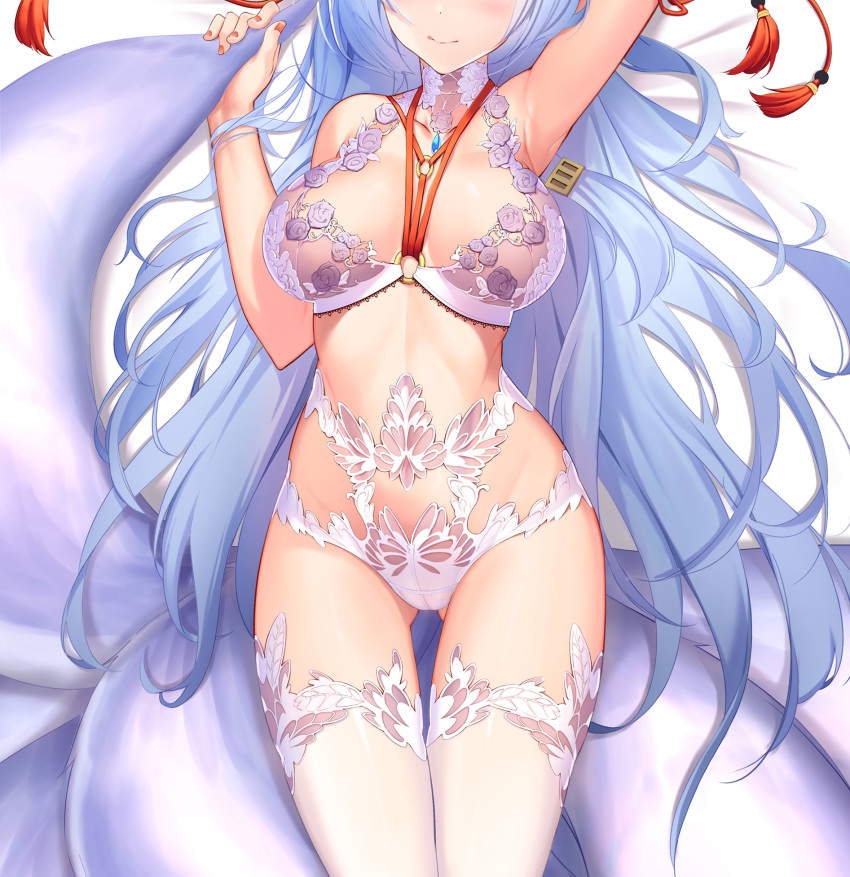 1girl :q arm_up armpits ass_visible_through_thighs blue_hair bra breasts closed_mouth covered_navel fox_tail hair_ornament head_out_of_frame highres kuuki_shoujo large_breasts lingerie long_hair lying multiple_tails nail_polish ninsaki_(9saki) o-ring on_back panties smile solo stitched tail the_personification_of_atmosphere thighhighs third-party_edit tongue tongue_out underwear underwear_only very_long_hair white_bra white_legwear white_panties