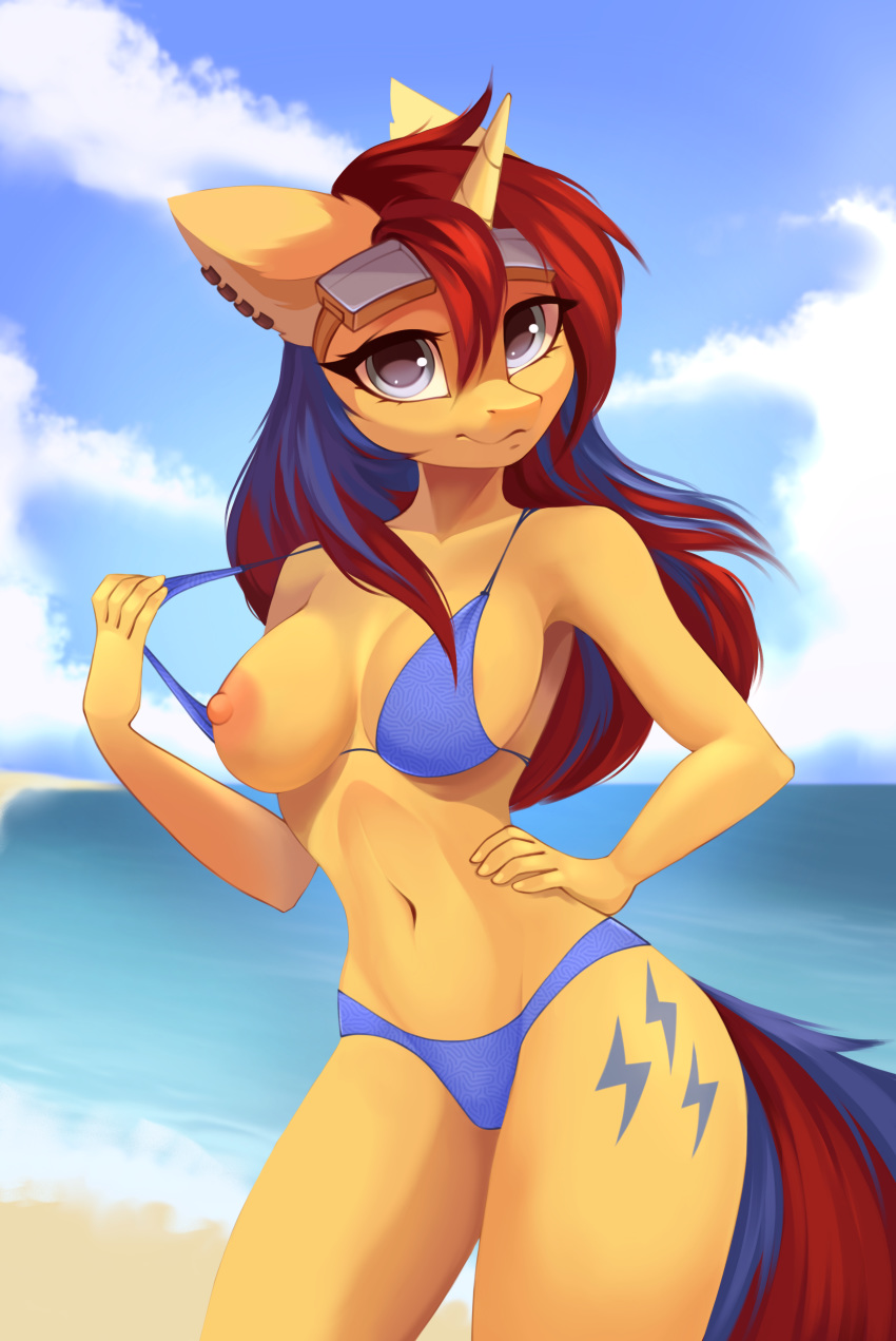 absurd_res anthro anthrofied beach bikini bikini_bottom bikini_top breasts clothing cloud cutie_mark ear_piercing ear_ring equid equine eyewear eyewear_on_head fan_character female flashing goggles goggles_on_head hair hasbro hi_res horn horse looking_at_viewer mammal multicolored_hair multicolored_tail my_little_pony navel nipples outside piercing pony pulling_bra sand sea seaside solo sunny sweet_voltage swimwear u_lu_lu unicorn water yellow_body