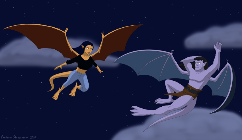 clothed clothing cloud disney duo elisa_maza_(gargoyles) emperorstarscream female flying gargoyle gargoyles goliath_(gargoyles) humanoid male male/female pillarbox sky wings