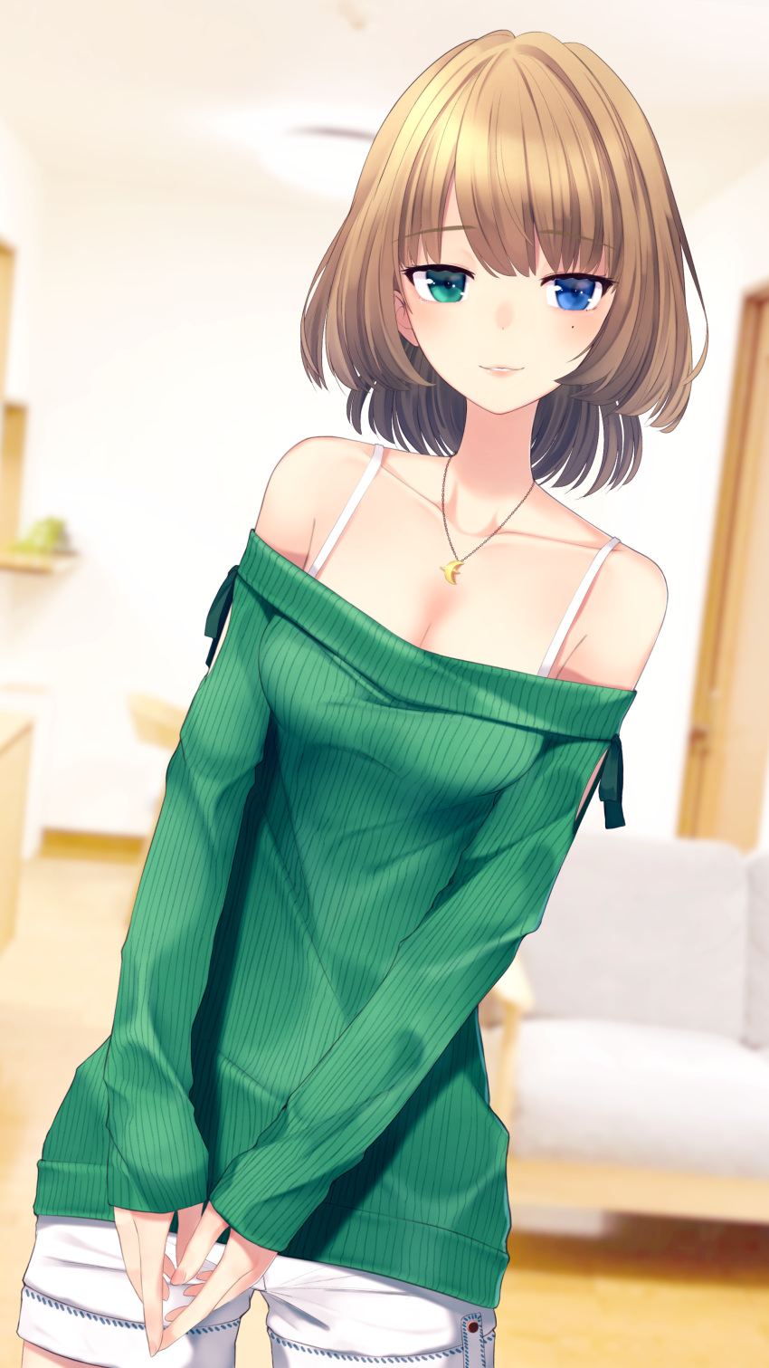 1girl absurdres bare_shoulders blue_eyes blurry blurry_background blush bra_strap breasts brown_hair collarbone commentary_request couch fringe_trim green_eyes green_sweater heterochromia highres idolmaster idolmaster_cinderella_girls indoors jewelry looking_at_viewer mole mole_under_eye necklace nishinomiya_suzu off-shoulder_sweater off_shoulder ribbed_sweater short_hair shorts small_breasts solo sweater takagaki_kaede white_shorts