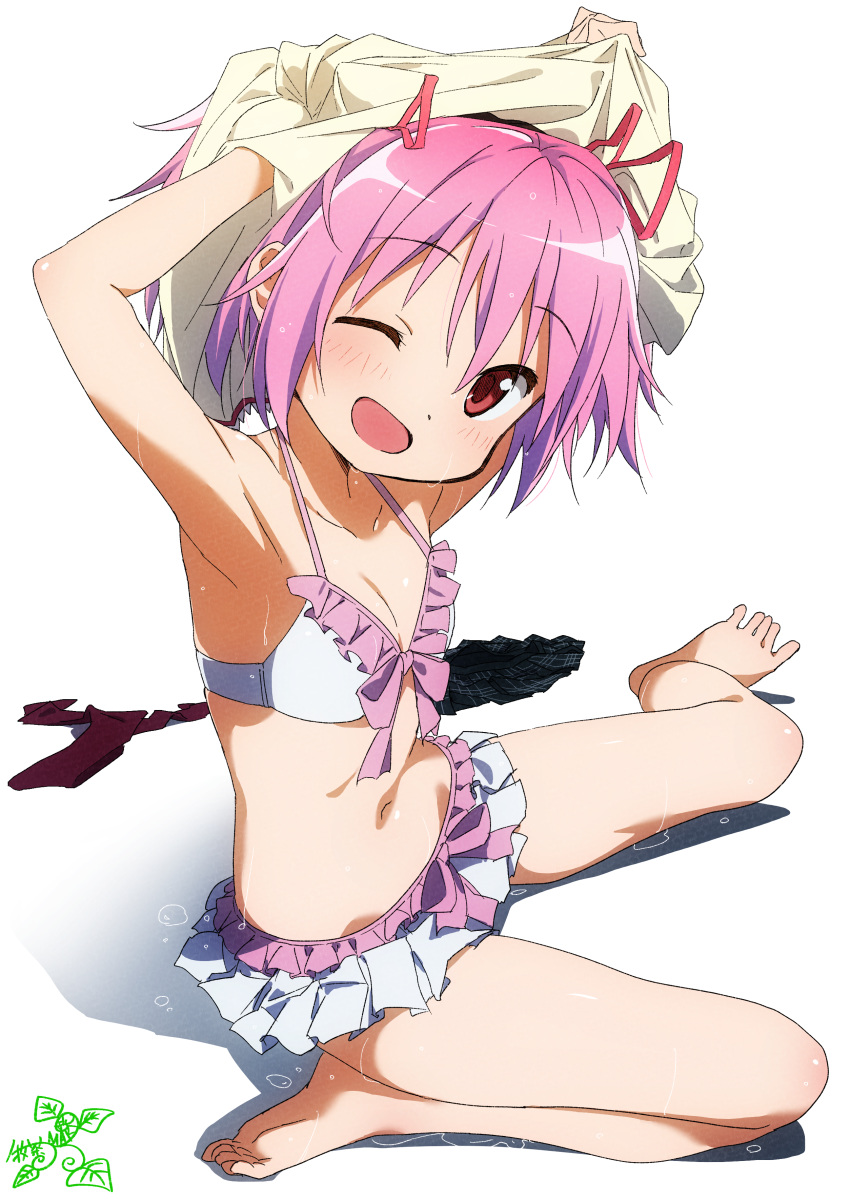 bikini cleavage feet kaname_madoka mahou_shoujo_madoka_magica makicha shirt_lift swimsuits undressing wet