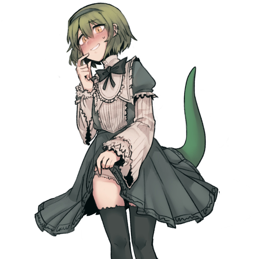 1boy bill_(black_souls) black_souls bow bulge crossdressing dress green_hair grey_bow grey_dress grey_hairband hairband highres lifted_by_self lizard_tail long_sleeves orange_eyes otoko_no_ko panties pigeoncrow puffy_sleeves short_hair simple_background slit_pupils solo tail thighhighs underwear white_background white_panties