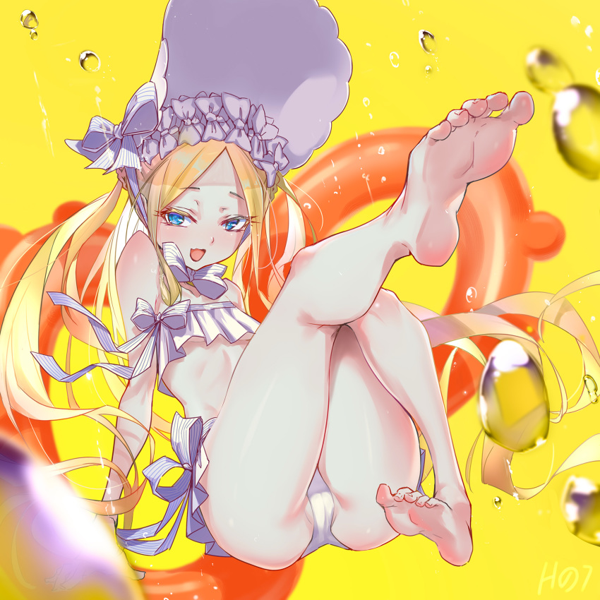 1girl abigail_williams_(fate/grand_order) abigail_williams_(swimsuit_foreigner)_(fate) ass bangs bare_shoulders bikini blonde_hair blue_eyes blush bonnet bow breasts fate/grand_order fate_(series) feet forehead hair_bow highres innertube legs long_hair looking_at_viewer miniskirt open_mouth parted_bangs sidelocks skirt small_breasts smile soles sunday_se7en swimsuit toes twintails very_long_hair white_bikini white_bow white_headwear yellow_background