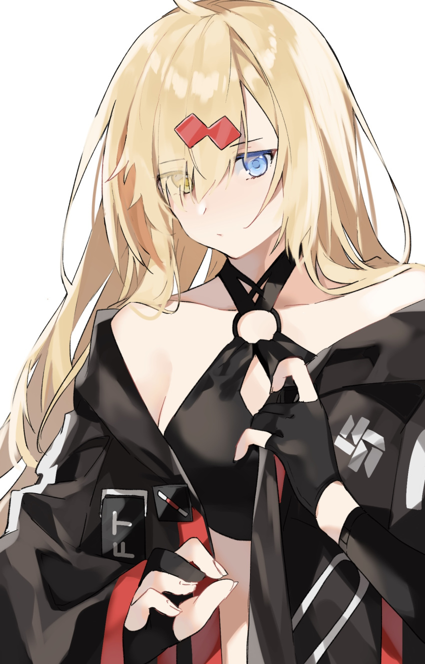 1girl alternate_costume aogisa bare_shoulders black_gloves black_jacket black_tank_top blonde_hair blue_eyes closed_mouth collarbone crop_top eyebrows_visible_through_hair girls_frontline gloves hair_between_eyes heterochromia highres jacket long_hair looking_at_viewer mg36_(girls_frontline) mole mole_under_eye open_clothes open_jacket partly_fingerless_gloves solo tank_top white_background yellow_eyes