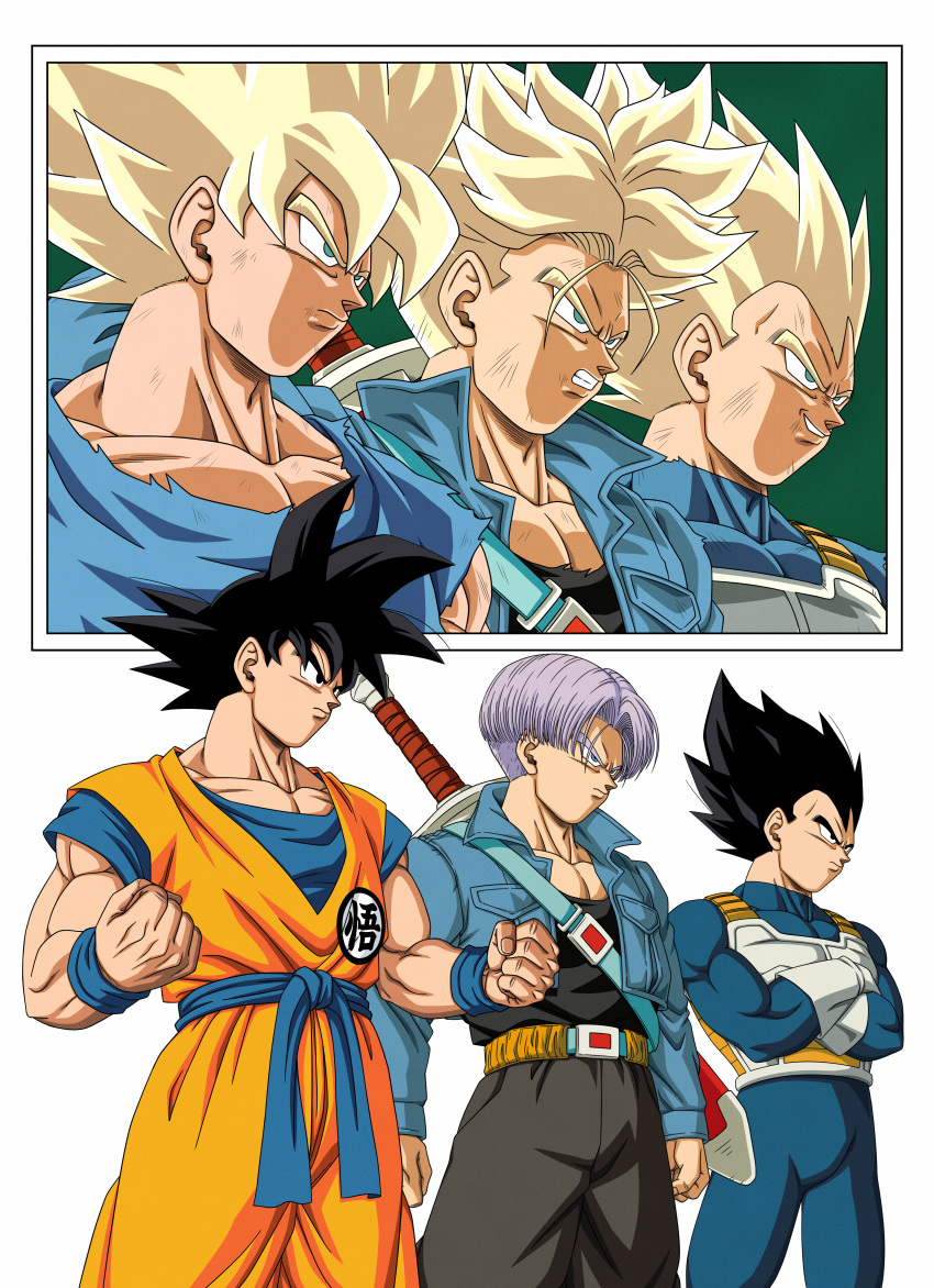 3boys absurdres armor belt black_eyes black_hair black_shirt blonde_hair blue_eyes bruise_on_face clenched_teeth closed_mouth crossed_arms dbkenkyuusei dragon_ball dragon_ball_z father_and_son gloves green_eyes grin highres huge_filesize jacket male_focus multiple_boys multiple_views muscle purple_hair serious shirt smile son_gokuu spiked_hair standing super_saiyan super_saiyan_1 sword sword_behind_back teeth torn_clothes trunks_(future)_(dragon_ball) vegeta weapon white_background white_gloves