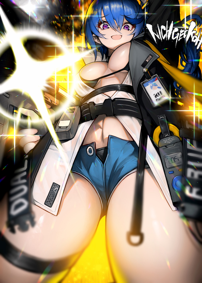 1girl :d assault_rifle bangs bikini bikini_under_clothes black_bikini black_choker blush breasts bright_pupils choker collarbone collared_shirt daewoo_k11 dress_shirt feet_out_of_frame girls_frontline gun hair_between_eyes hand_up highres holding holding_weapon jewelry k11_(girls_frontline) leather_choker long_hair long_sleeves looking_at_viewer medium_breasts name_tag nichigeckoh open_clothes open_mouth open_shirt popped_collar rifle shirt side_ponytail sketch_eyebrows smile solo swimsuit thighs very_long_hair weapon white_pupils white_shirt wing_collar