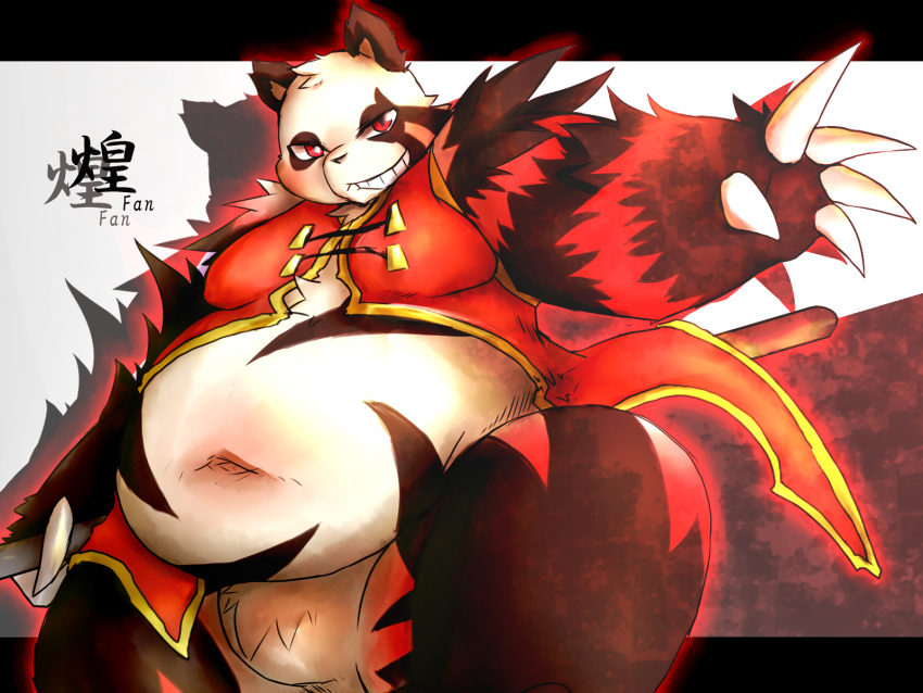 2011 4:3 anthro belly black_body black_fur chiro_(artist) clothed clothing fanfan fur giant_panda hi_res kemono mammal navel overweight overweight_anthro red_body red_eyes red_fur solo text ursid white_body white_fur