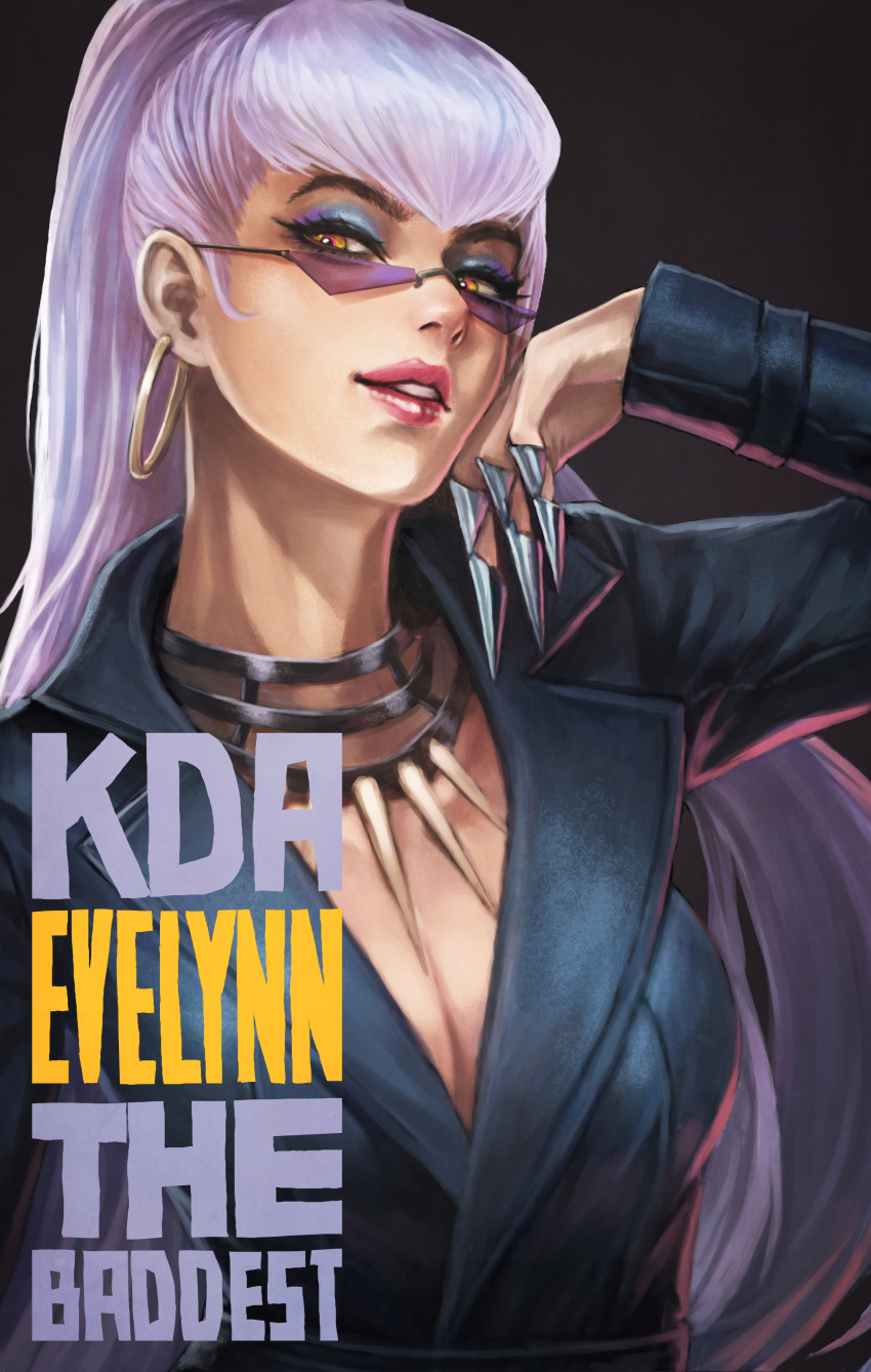 1girl absurdres bangs black_jacket blue_eyeshadow breasts character_name cleavage commentary earrings english_commentary evelynn eyeshadow fingernails highres hoop_earrings jacket jewelry k/da_(league_of_legends) lavender_background league_of_legends leather leather_jacket lipstick long_hair makeup mascara medium_breasts monori_rogue nose ponytail purple-tinted_eyewear rimless_eyewear sharp_fingernails solo sunglasses the_baddest_evelynn tooth_necklace yellow_eyes