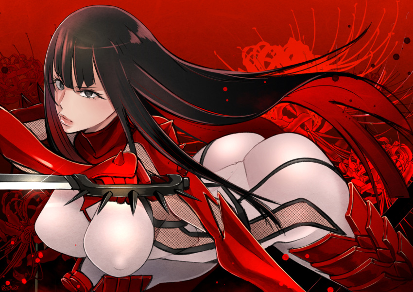 1girl ass black_eyes black_hair bodysuit breasts butcha-u commentary covered_nipples hibana kunoichi_(game) large_breasts lips long_hair ninja solo thighs