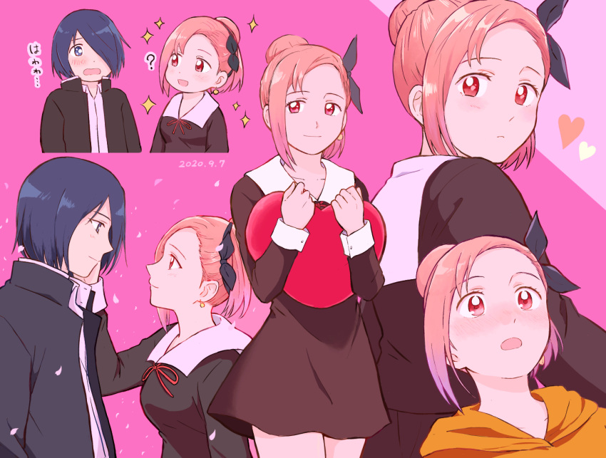 1boy 1girl black_dress blue_eyes blue_hair blush bow dress gakuran hair_bow hair_bun hair_over_one_eye hand_on_another's_cheek hand_on_another's_face heart ishigami_yuu jewelry kaguya-sama_wa_kokurasetai_~tensai-tachi_no_renai_zunousen~ koyasu_tsubame open_mouth petals pink_background pink_eyes red_hair school_uniform shuuchiin_academy_uniform single_earring smile sparkle takeshi_(mononohu20) translation_request