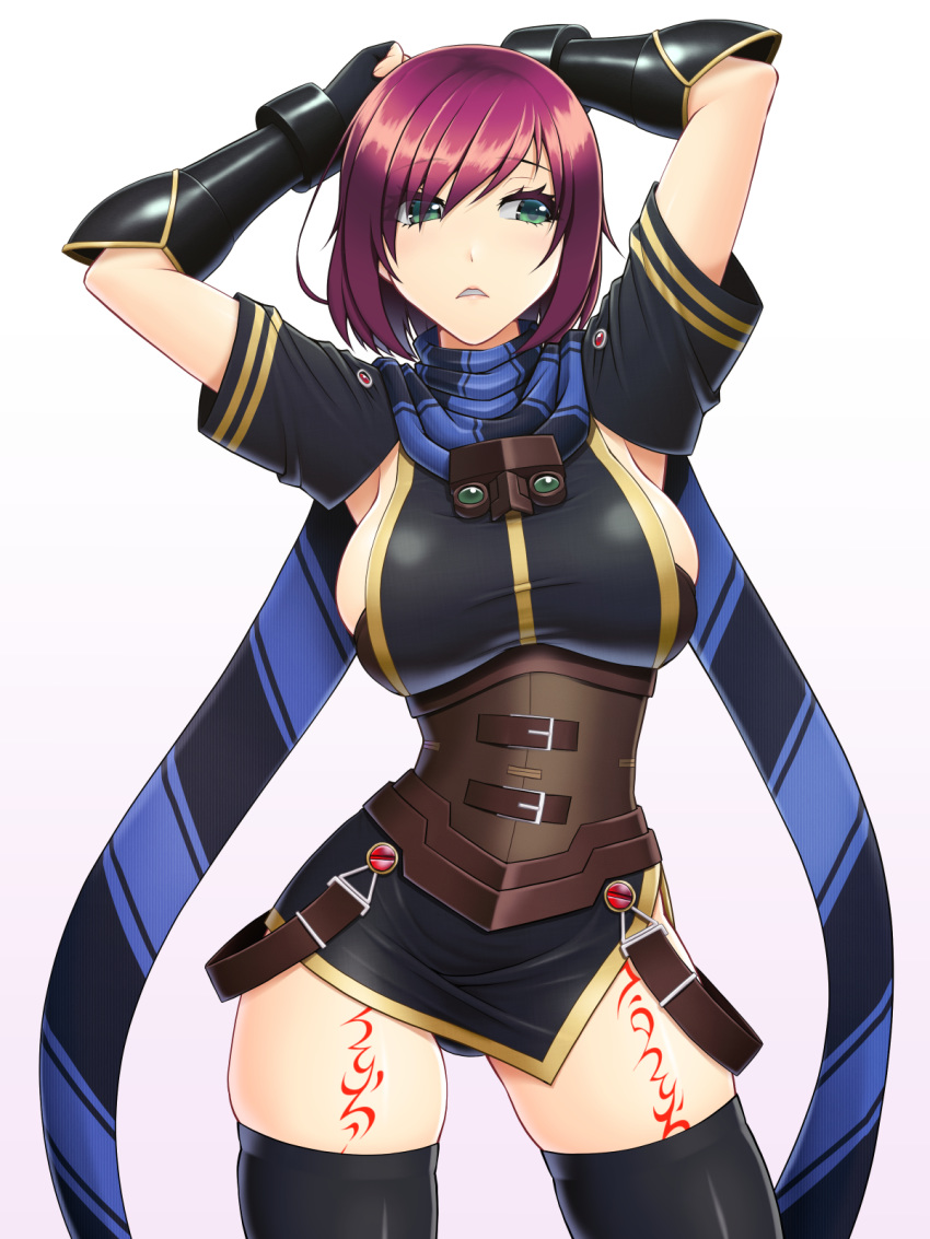 1girl abu armpit_cutout arms_up breasts cowboy_shot green_eyes highres large_breasts leg_tattoo looking_to_the_side nel_zelpher red_hair scarf short_hair sideboob skindentation solo standing star_ocean star_ocean_till_the_end_of_time striped striped_scarf tattoo thighhighs