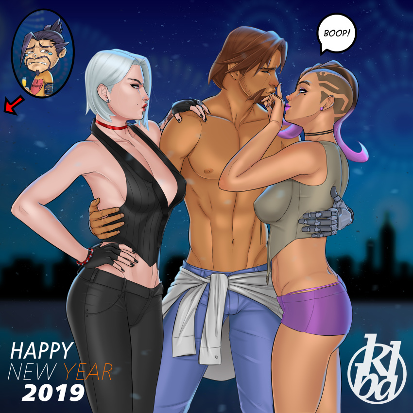 2019 2boys 2girls abs absurdres arm_around_waist arm_tattoo ashe_(overwatch) ass beard black_choker black_gloves black_nails black_pants blue_pants bracelet breasts bulge butt_crack chibi chibi_inset choker cleavage clothes_around_waist commentary crop_top dark_skin denim earrings english_commentary eye_contact eyeshadow facial_hair finger_to_another's_nose finger_to_nose fingerless_gloves flirting girl_sandwich gloves hair_over_one_eye hand_on_hip hanzo_(overwatch) happy_new_year hetero highleg highleg_panties highres jealous jeans jewelry joints kbal large_breasts leather leather_pants lips lipstick looking_at_another makeup mccree_(overwatch) mechanical_arm medium_breasts midriff mixed-language_commentary mole mole_above_mouth mole_under_eye multiple_boys multiple_girls nail_polish new_year night no_bra nose overwatch pale_skin panties pants pectorals plunging_neckline purple_hair purple_lipstick purple_shorts red_choker red_lipstick ribbon_choker ring robot_joints sandwiched shirt shirt_around_waist short_hair short_shorts shorts sideboob silver_hair skull_earrings skull_ring sleeveless sombra_(overwatch) spanish_commentary spiked_bracelet spikes stubble stud_earrings tan tattoo undercut underwear whale_tail
