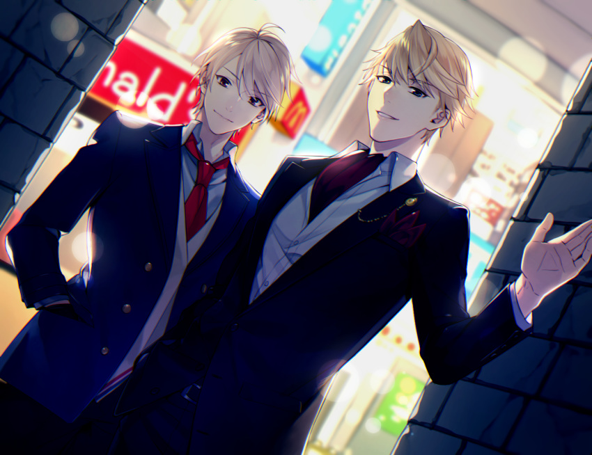 all_male blonde_hair byakuya0315 hiyama_takaomi male mcdonald's short_hair souma_kujou stand_my_heroes suit tie