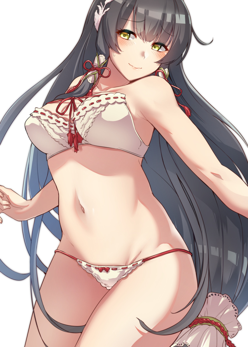 1girl absurdres bangs black_hair blush bow bow_bra bow_panties bra breasts collarbone commentary_request eyebrows_visible_through_hair groin hair_ornament hair_tubes highres kantai_collection kiritto lips long_hair low_tied_hair medium_breasts mizuho_(kantai_collection) navel panties sidelocks simple_background solo sweatdrop underwear very_long_hair wavy_mouth white_background yellow_eyes