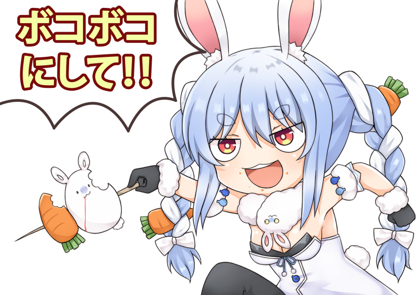 1girl :d animal_ear_fluff animal_ears bangs bare_shoulders black_gloves black_legwear black_leotard blood blood_from_mouth blue_hair bow braid breasts bunny_ears bunny_girl bunny_tail carrot_hair_ornament cleavage detached_sleeves don-chan_(usada_pekora) dress eyebrows_visible_through_hair food food_on_face food_themed_hair_ornament fur-trimmed_gloves fur_trim gloves greenteaneko hair_between_eyes hair_bow hair_ornament highres holding hololive leotard long_hair medium_breasts multicolored_hair open_mouth pantyhose puffy_short_sleeves puffy_sleeves red_eyes short_eyebrows short_sleeves simple_background smile strapless strapless_dress strapless_leotard tail thick_eyebrows translation_request turn_pale twin_braids twintails two-tone_hair upper_teeth usada_pekora very_long_hair virtual_youtuber white_background white_bow white_dress white_hair white_sleeves