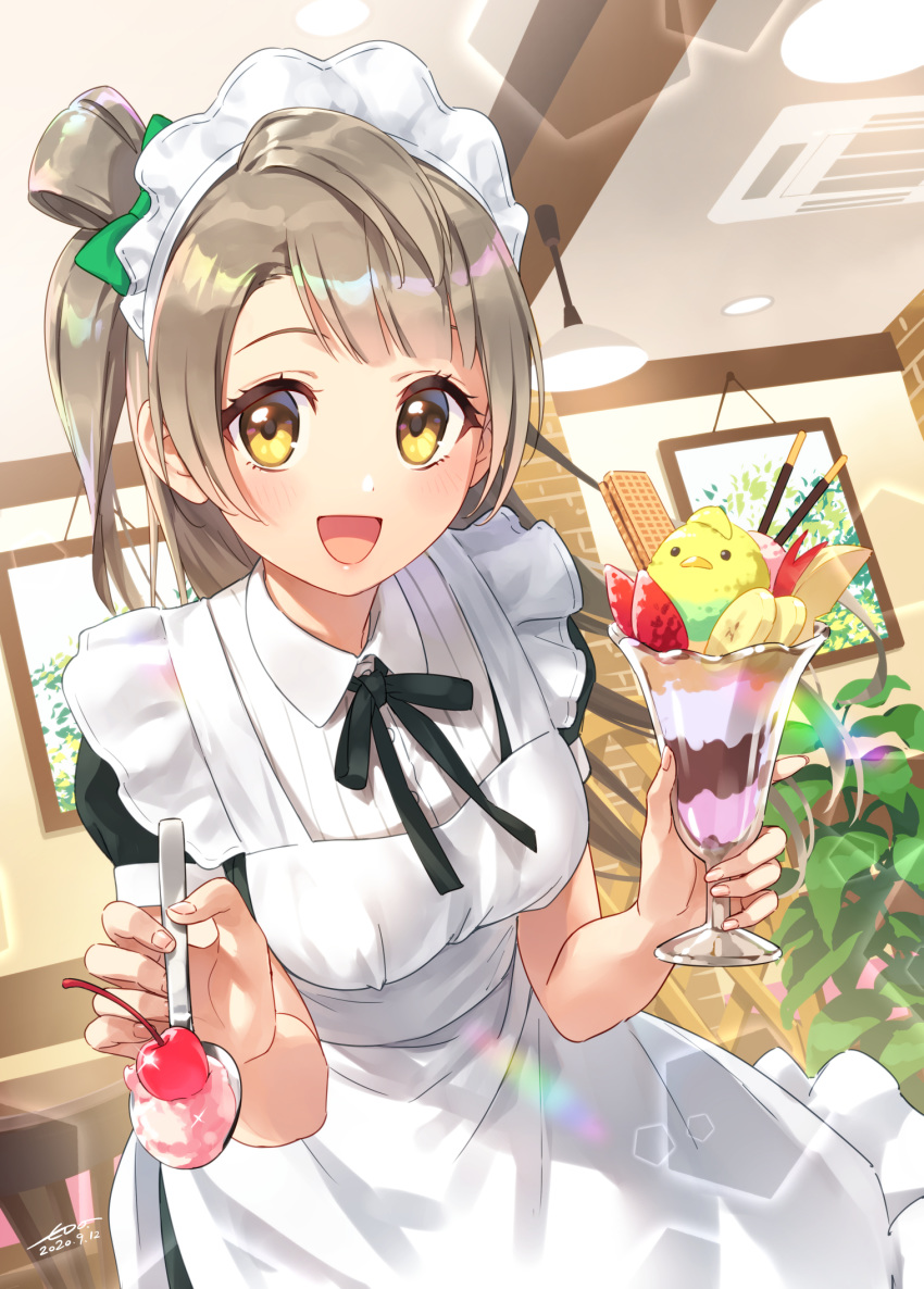 1girl :d alternate_costume apple_bunny apron banana_slice bangs black_bow black_dress bow breasts brown_eyes brown_hair chair collared_shirt commentary_request cup dated dress enmaided eyebrows_behind_hair feeding food frilled_apron frills fruit green_bow hair_bow highres holding holding_cup holding_spoon incoming_food indoors leaning_forward long_hair love_live! love_live!_school_idol_project maid maid_apron maid_headdress medium_breasts minami_kotori one_side_up open_mouth parfait pocky puffy_short_sleeves puffy_sleeves shirt short_sleeves signature smile solo spoon standing strawberry very_long_hair wafer_stick wedo white_apron white_shirt