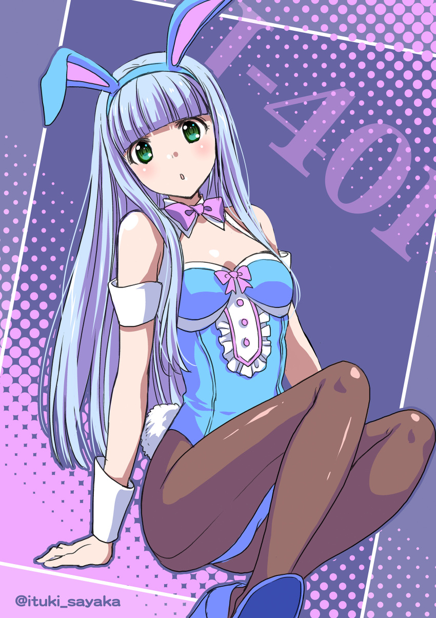 1girl absurdres animal_ears aoki_hagane_no_arpeggio back-seamed_legwear bangs blue_footwear blue_hair blue_leotard blunt_bangs bow bowtie breasts brown_legwear bunny_ears bunny_tail bunnysuit character_name detached_collar fake_animal_ears green_eyes highres invisible_chair iona itsuki_sayaka leotard long_hair looking_at_viewer pantyhose pink_neckwear seamed_legwear sitting small_breasts solo tail wrist_cuffs