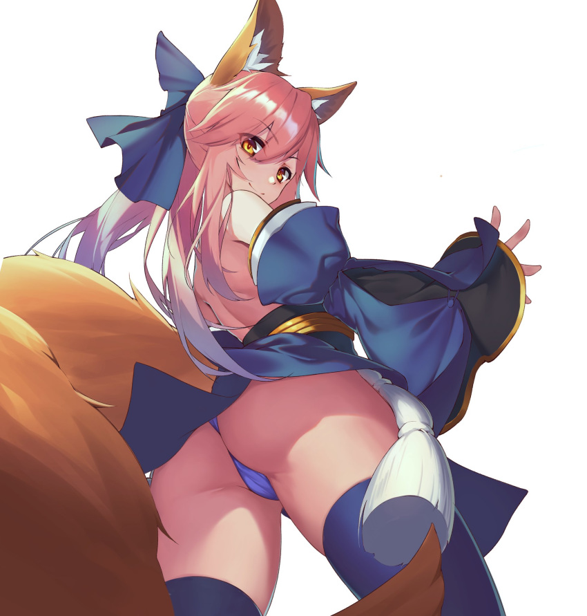 1girl animal_ear_fluff animal_ears ass blue_bow blue_kimono blue_legwear blue_panties bow breasts detached_sleeves fate/extra fate_(series) fox_ears fox_girl fox_tail from_below hair_between_eyes hair_bow highres japanese_clothes kimono large_breasts looking_down ninsaki_(9saki) obi panties pelvic_curtain pink_hair sash short_kimono sidelocks simple_background solo standing tail tamamo_(fate)_(all) tamamo_no_mae_(fate) thighhighs thong thong_panties twintails underwear white_background wide_sleeves yellow_eyes