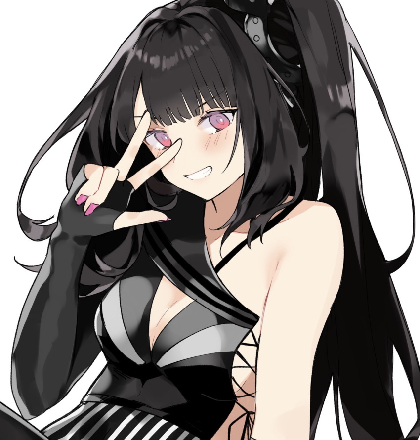 1girl aogisa architect_(girls_frontline) black_dress black_gloves black_hair blush breasts cleavage dress elbow_gloves eyebrows_visible_through_hair girls_frontline gloves hair_ornament hand_up highres long_hair looking_at_viewer nail_polish purple_eyes sangvis_ferri small_breasts smile solo white_background
