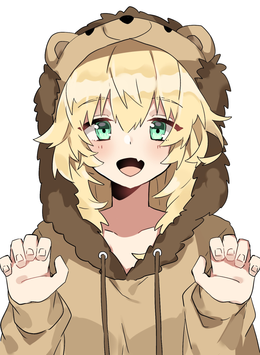 1girl animal_costume aogisa bear_costume blonde_hair blush eyebrows_visible_through_hair girls_frontline green_eyes highres long_hair looking_at_viewer open_mouth paw_pose s.a.t.8_(girls_frontline) smile solo white_background