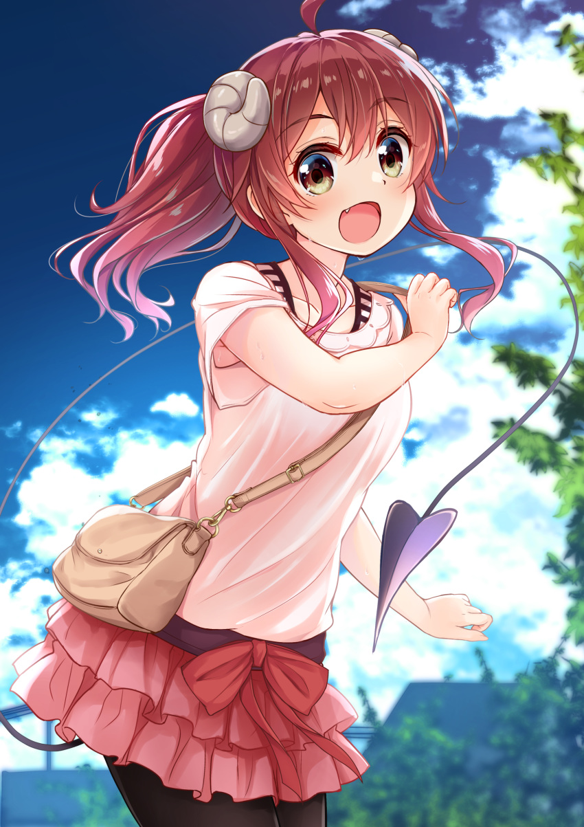 1girl :d absurdres ahoge bag black_legwear blue_sky blush breasts cloud collarbone commentary_request curled_horns day demon_girl demon_horns demon_tail eyebrows_visible_through_hair fang handbag highres horns long_hair looking_at_viewer machikado_mazoku open_mouth outdoors pantyhose pink_shirt ponytail red_eyes red_hair red_skirt shirt short_sleeves skirt sky smile solo sweat tail uneune yoshida_yuuko_(machikado_mazoku)