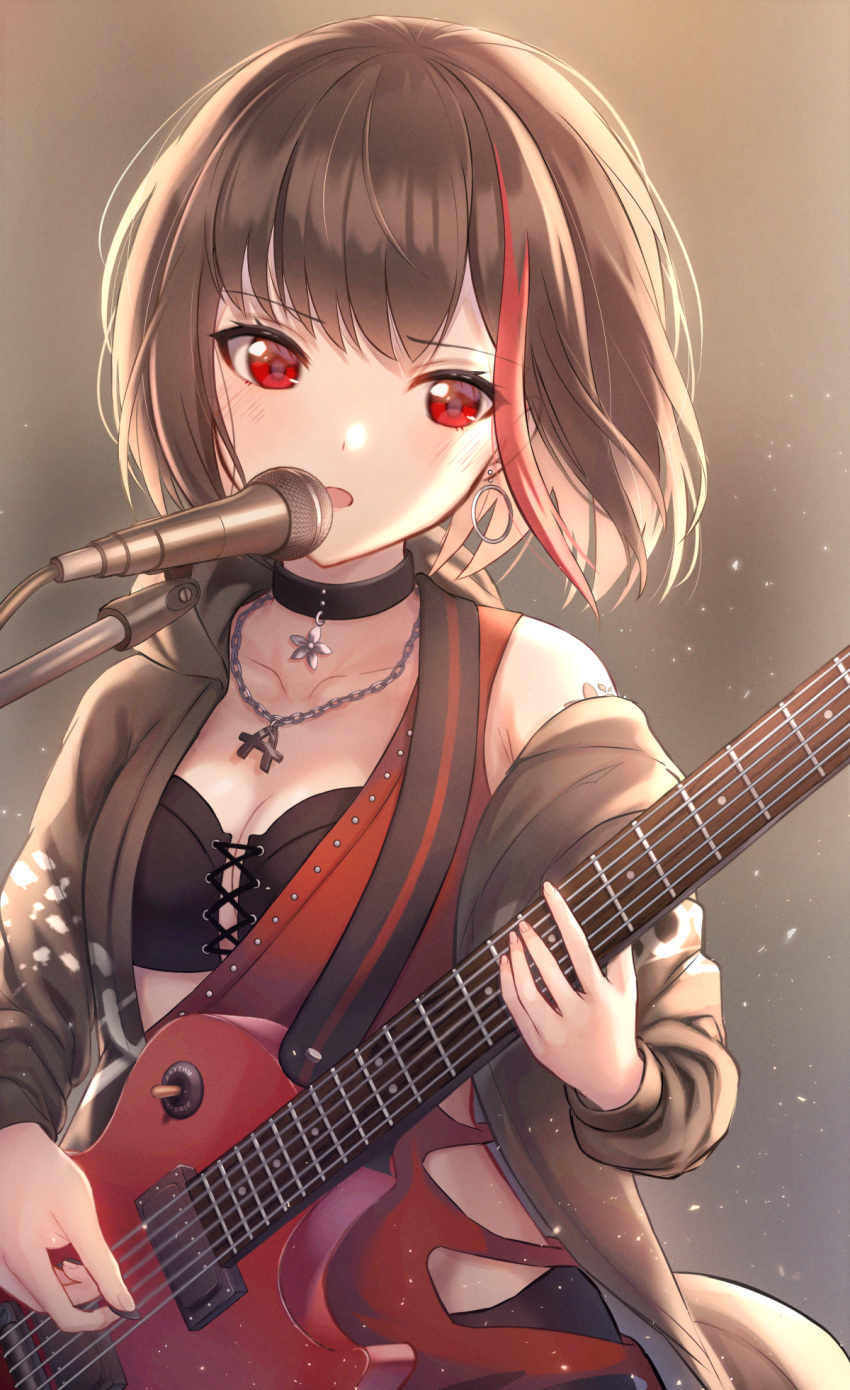 1girl afterglow_(bang_dream!) bang_dream! bangs black_bra black_choker bob_cut bra breasts brown_hair chain_necklace choker collarbone commentary_request cross-laced_clothes cross-laced_top earrings eyebrows_visible_through_hair fingernails gohan_(lupina1023) guitar highres holding_plectrum hoop_earrings instrument jacket jewelry microphone mitake_ran multicolored_hair necklace plectrum red_eyes short_hair small_breasts strap streaked_hair underwear