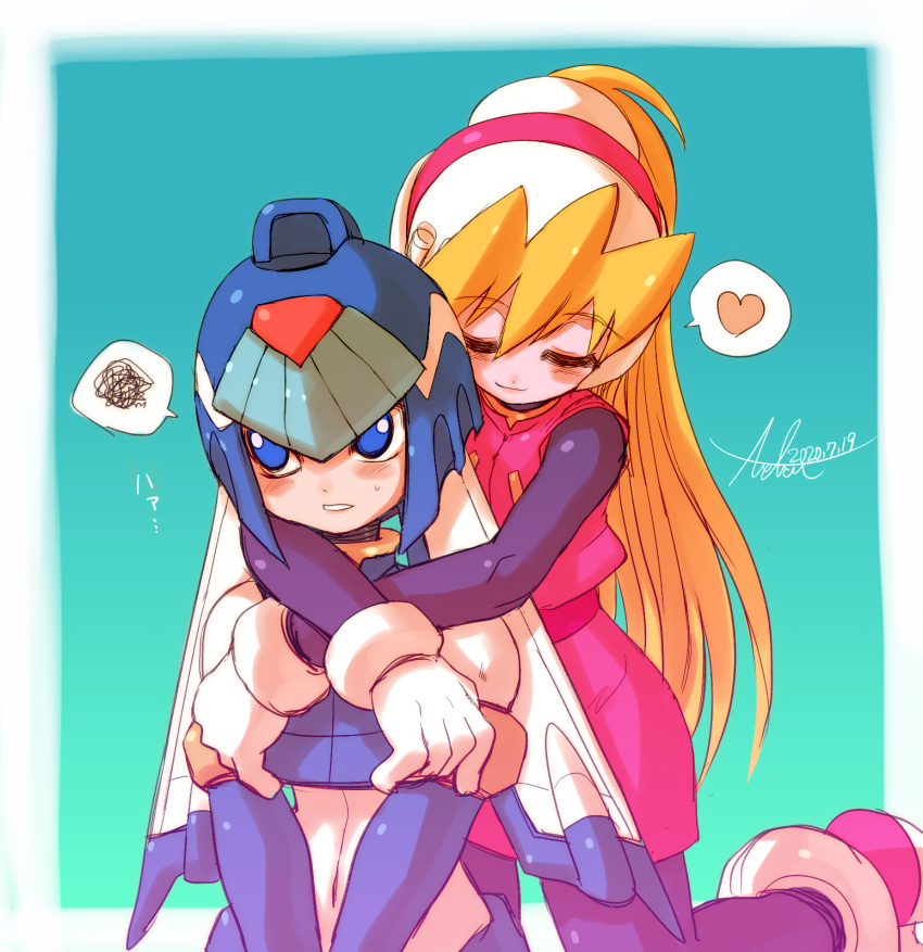 2girls android arms_around_neck bangs blonde_hair blue_eyes blush ciel_(rockman) closed_eyes dated eyebrows_visible_through_hair gloves hair_between_eyes heart helmet high_ponytail highres kamiyama_teten leviathan_(rockman) long_hair multiple_girls pantyhose ponytail rockman rockman_zero signature simple_background smile spoken_heart white_gloves yuri